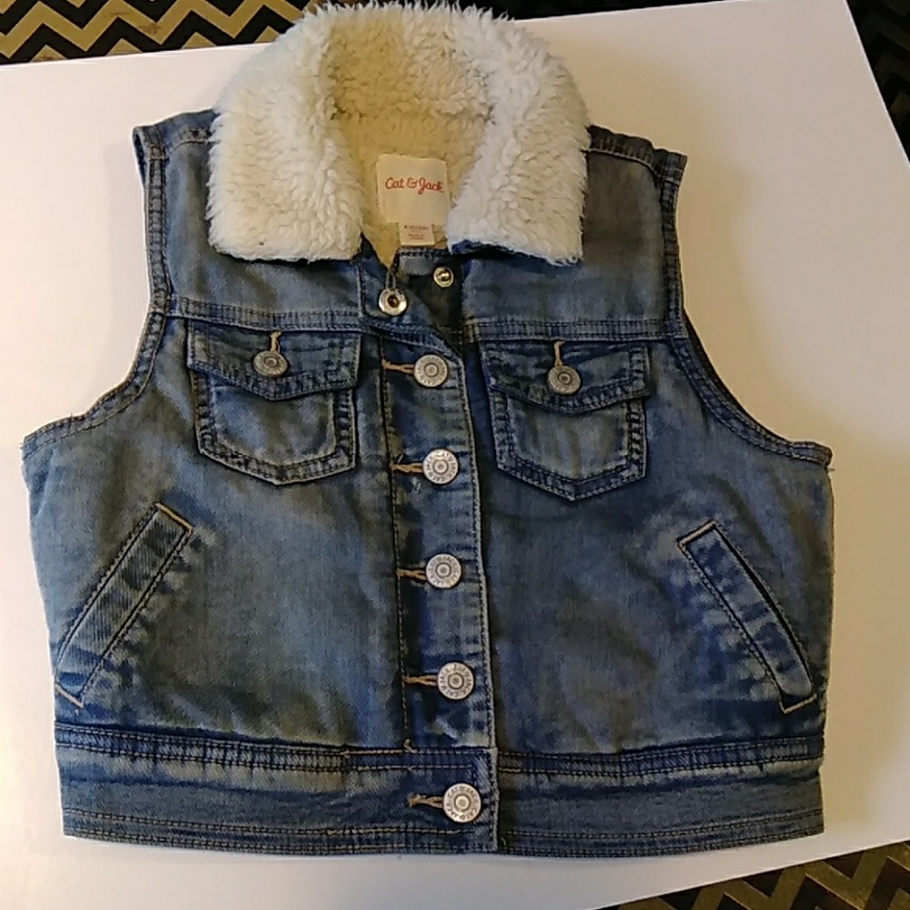 Cat & Jack Girls Denim Vest Faux Shearling Sz S